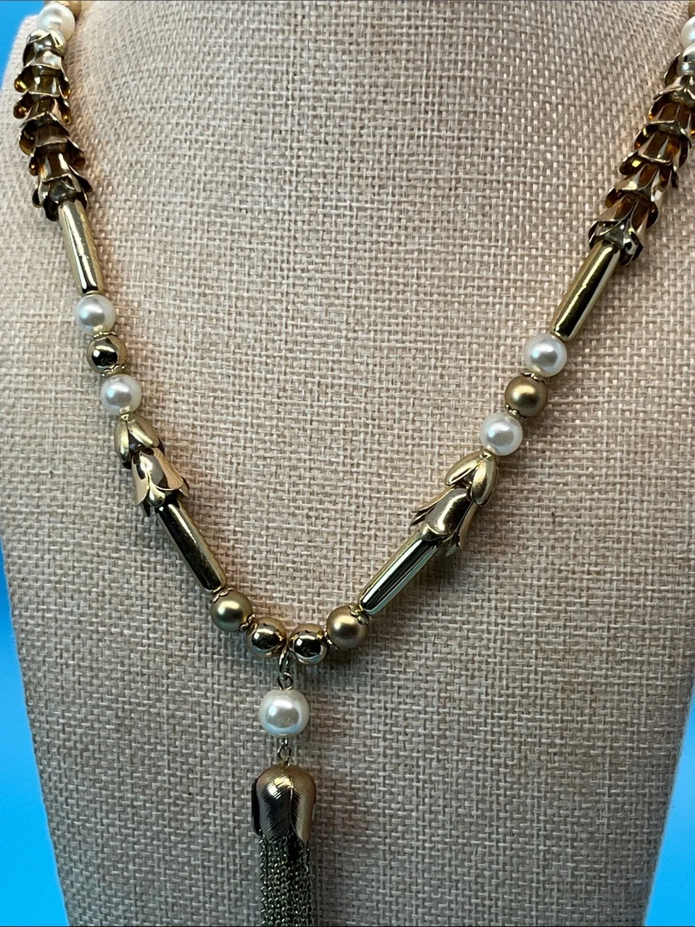Erica Lyons Gold and White Pearl Tassel Necklace